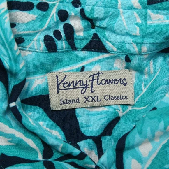 Kenny Flowers Shirt Mens 2XL Blue Floral Rayon Short Sleeve Button Up Island